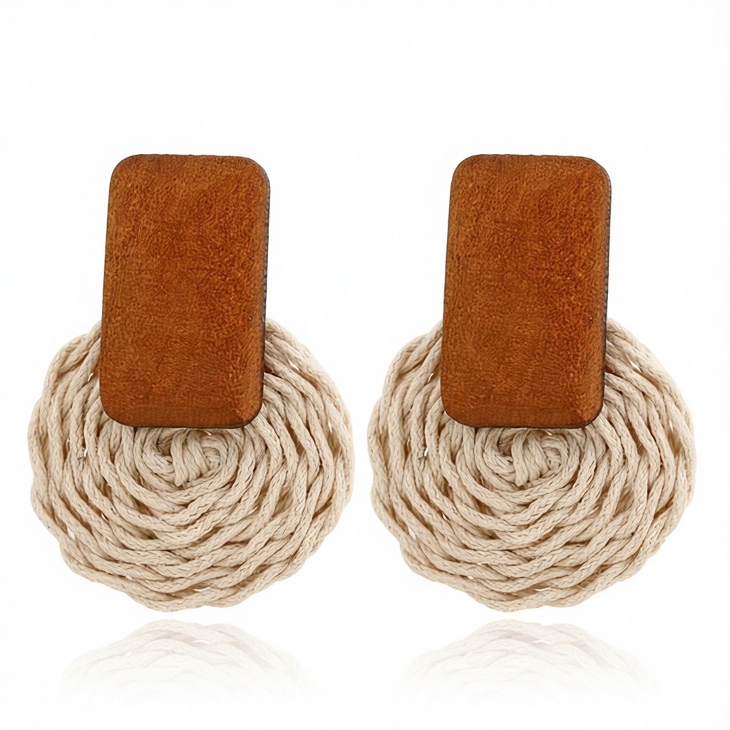 Wood and Rattan Circle Drop Earrings, drop earrings for women, everyday style, side view