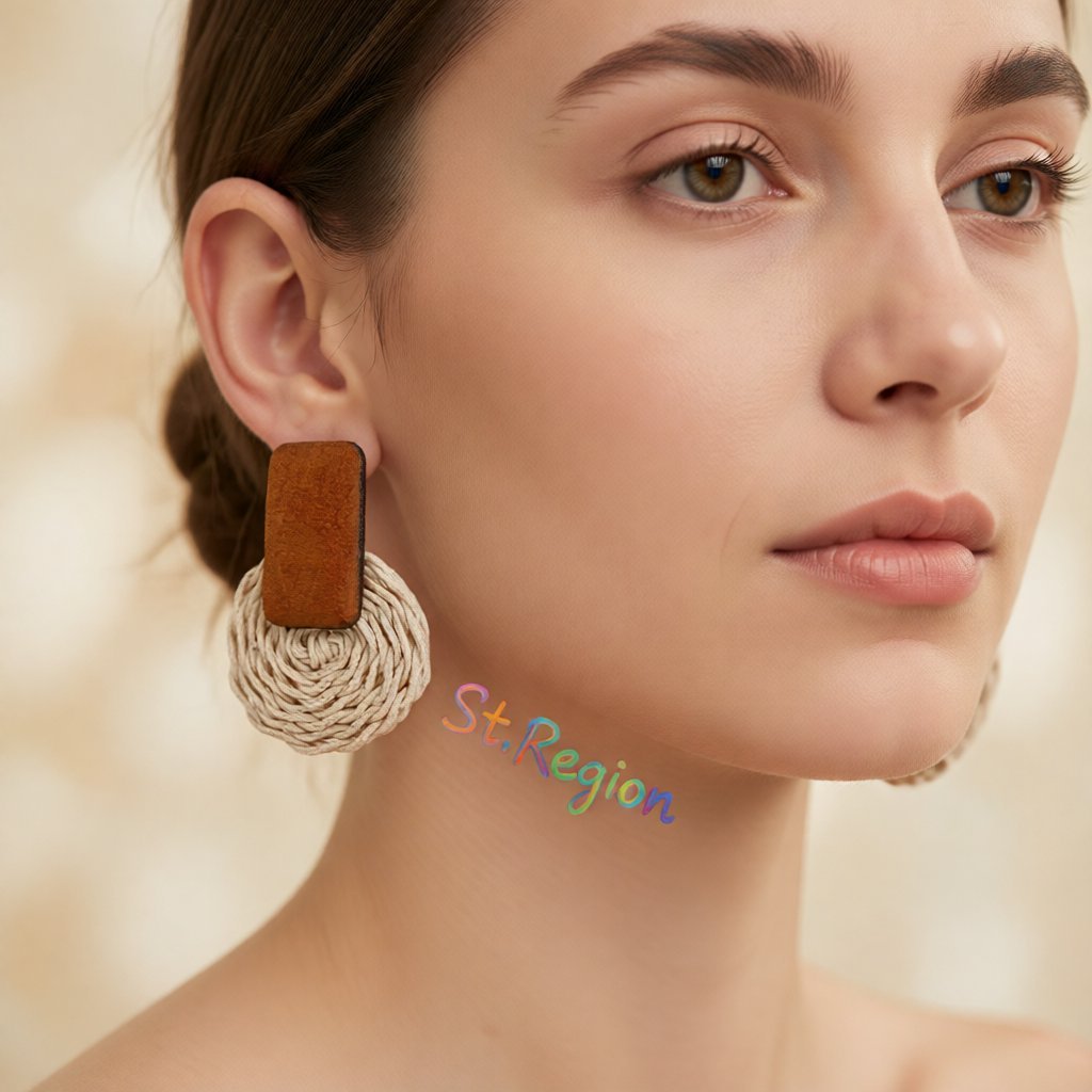 Wood and Rattan Circle Drop Earrings, drop earrings for women, everyday style, styled look