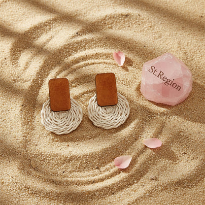Wood and Rattan Circle Drop Earrings, drop earrings for women, everyday style, detail close-up