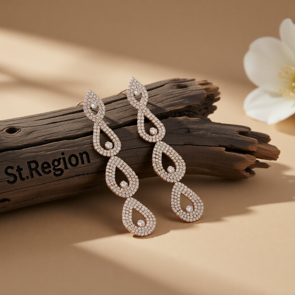 Cubic Zirconia and 18K Gold-Plated Linking Layer Drop Earrings, gold drop earrings for women, front view