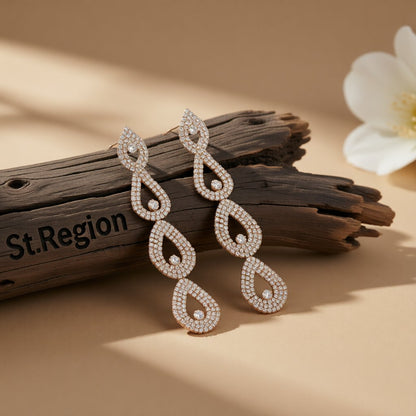 Cubic Zirconia and 18K Gold-Plated Linking Layer Drop Earrings, gold drop earrings for women, front view