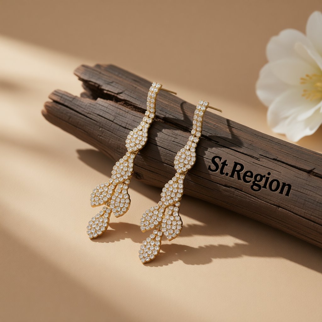 Cubic Zirconia and 18K Gold-Plated Leaves Drop Earrings, gold drop earrings for women, everyday style, front view