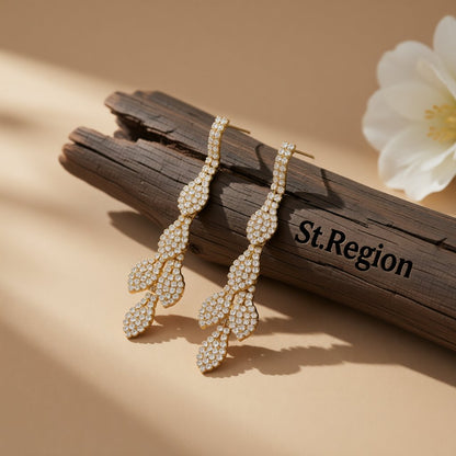 Cubic Zirconia and 18K Gold-Plated Leaves Drop Earrings, gold drop earrings for women, everyday style, front view