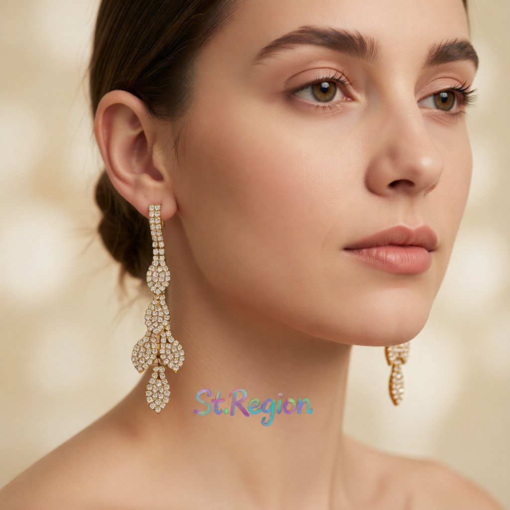 Cubic Zirconia and 18K Gold-Plated Leaves Drop Earrings, gold drop earrings for women, everyday style, styled look
