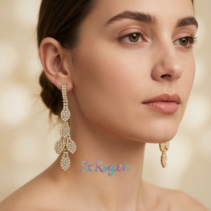 Cubic Zirconia and 18K Gold-Plated Leaves Drop Earrings, gold drop earrings for women, everyday style, styled look