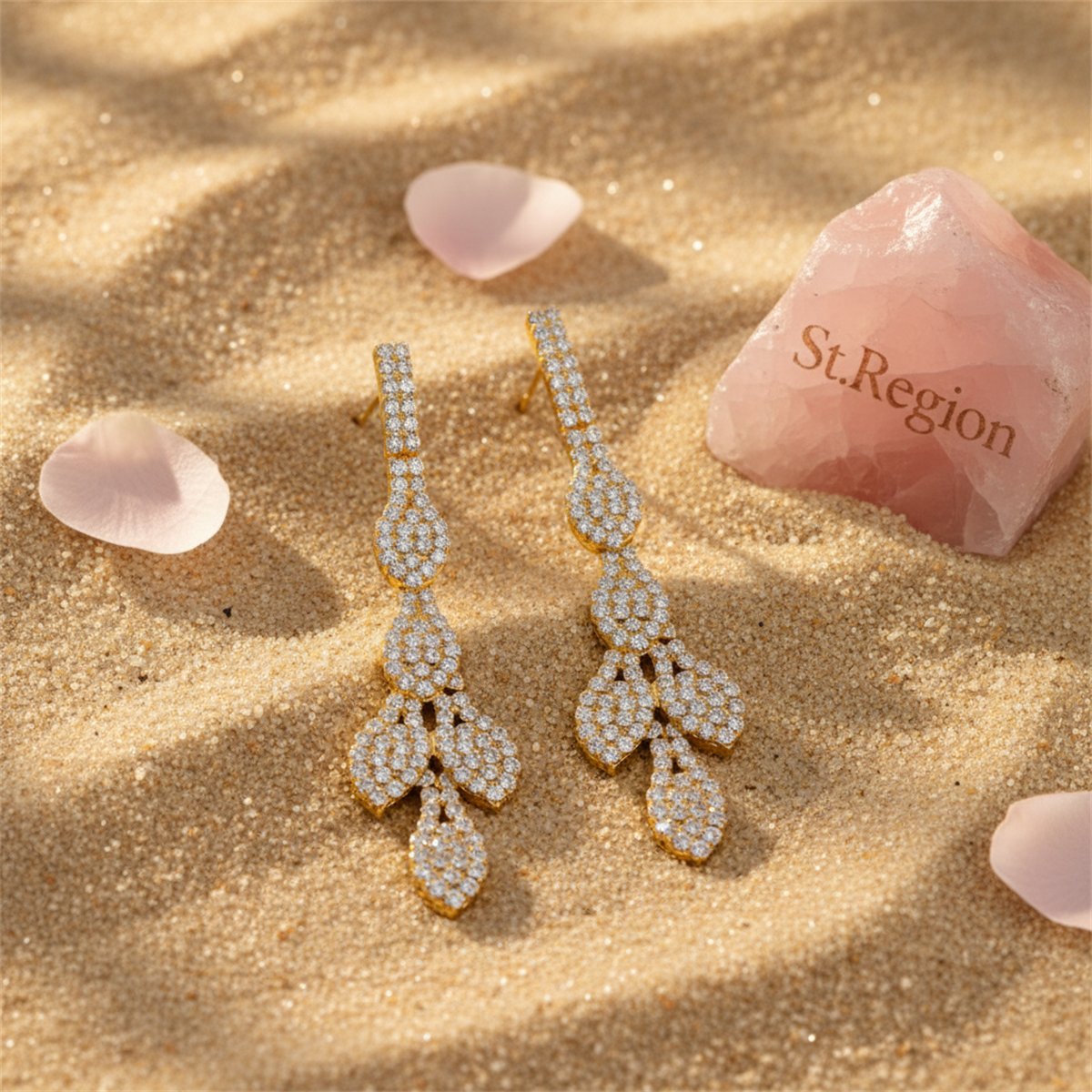 Cubic Zirconia and 18K Gold-Plated Leaves Drop Earrings, gold drop earrings for women, everyday style, detail close-up