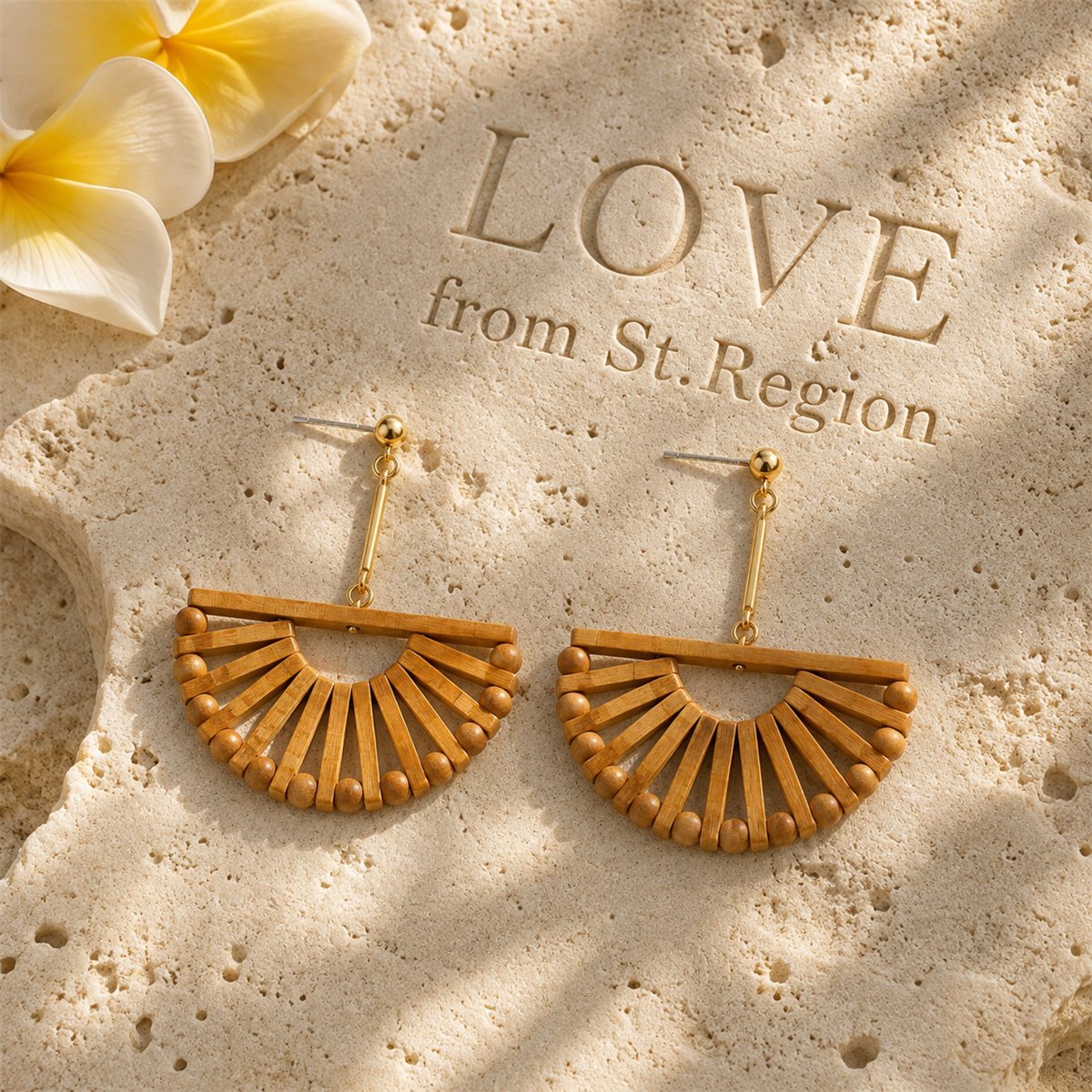 Wood and 18K Gold-Plated Half-Circle Beaded Drop Earrings, gold drop earrings for women, lifestyle look