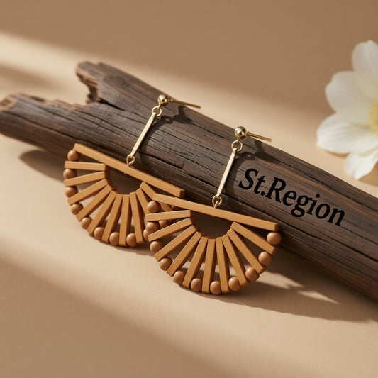 Wood and 18K Gold-Plated Half-Circle Beaded Drop Earrings, gold drop earrings for women, vintage-inspired design, front view