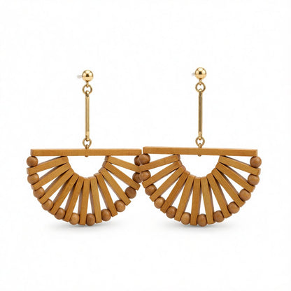 Wood and 18K Gold-Plated Half-Circle Beaded Drop Earrings, gold drop earrings for women, vintage-inspired design, side view