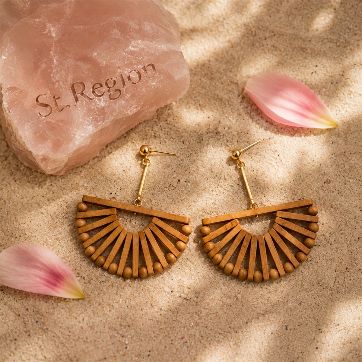 Wood and 18K Gold-Plated Half-Circle Beaded Drop Earrings, gold drop earrings for women, detail close-up