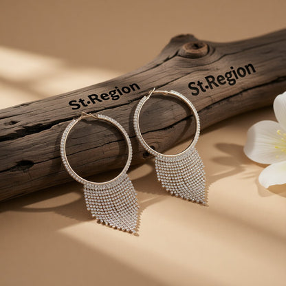 Cubic Zirconia and 18K Gold-Plated Tassel Hoop Earrings, gold huggie earrings, dainty minimalist design, front view