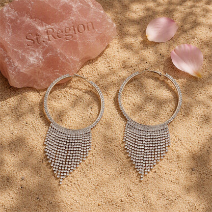 Cubic Zirconia and 18K Gold-Plated Tassel Hoop Earrings, gold huggie earrings, dainty minimalist design, detail close-up