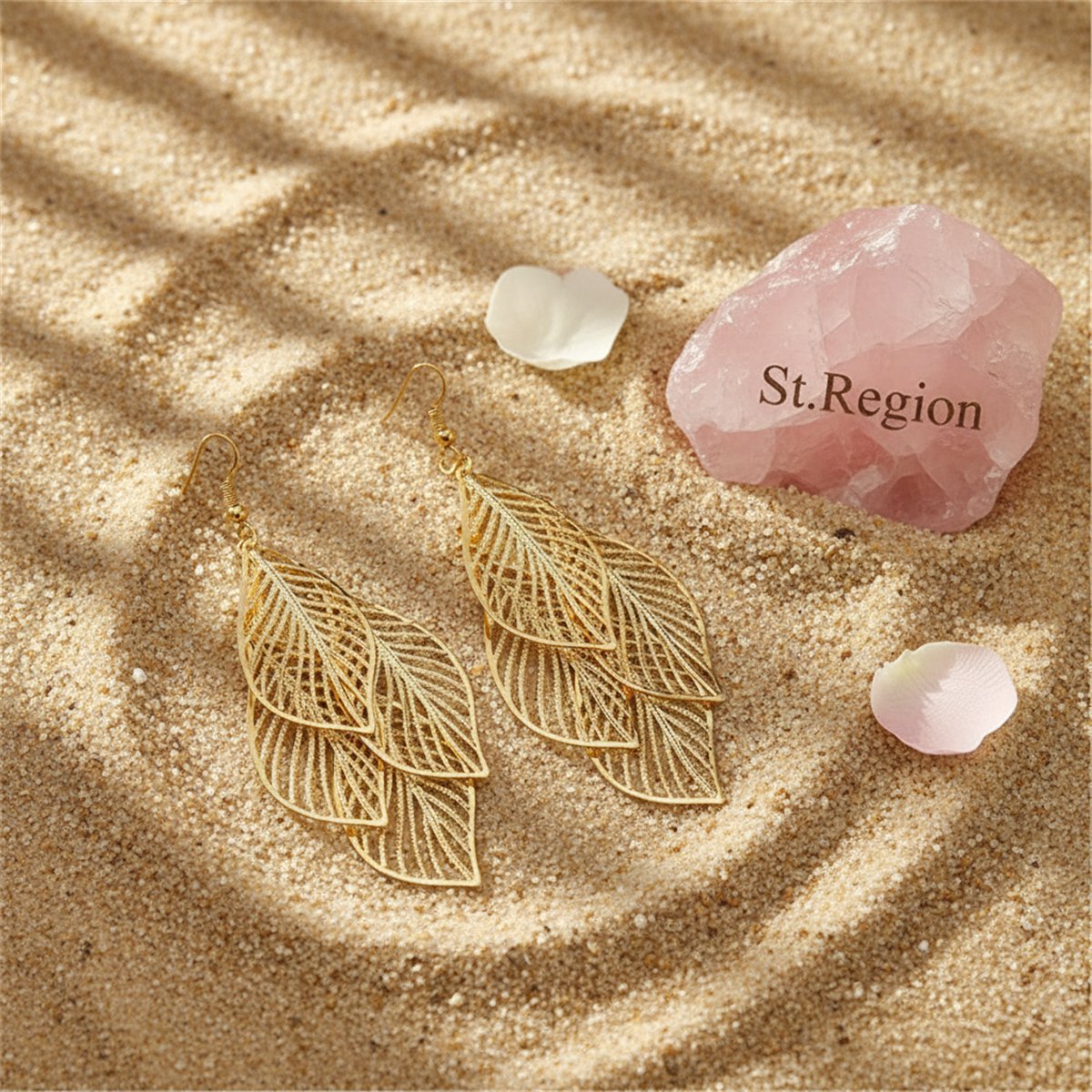 18K Gold-Plated Hollow Leaves Drop Earrings, gold drop earrings for women, botanical inspired, detail close-up