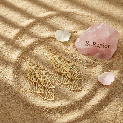 18K Gold-Plated Hollow Leaves Drop Earrings, gold drop earrings for women, botanical inspired, detail close-up