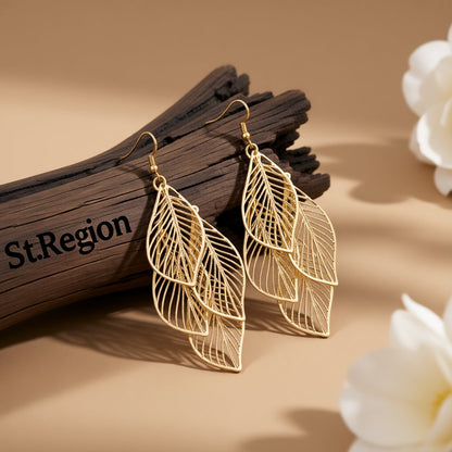 18K Gold-Plated Hollow Leaves Drop Earrings, gold drop earrings for women, botanical inspired, front view