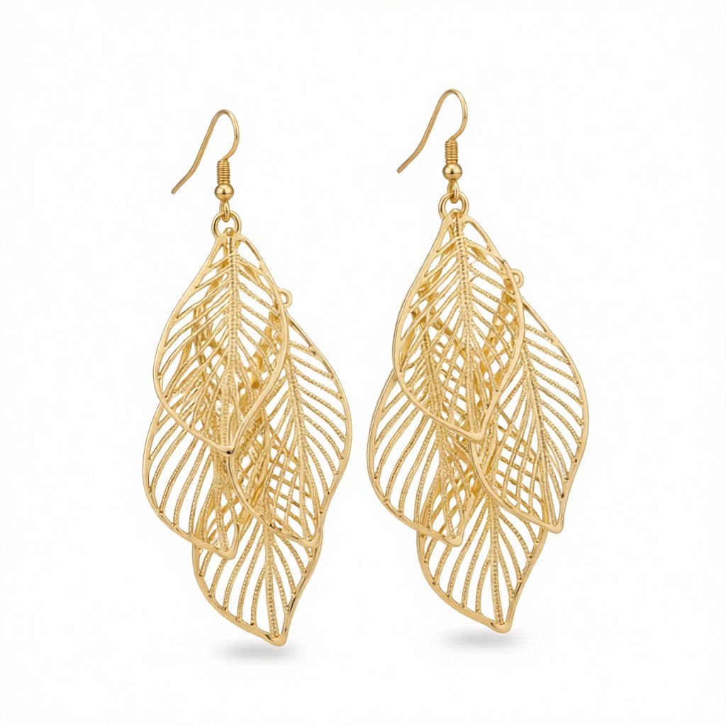18K Gold-Plated Hollow Leaves Drop Earrings, gold drop earrings for women, botanical inspired, side view