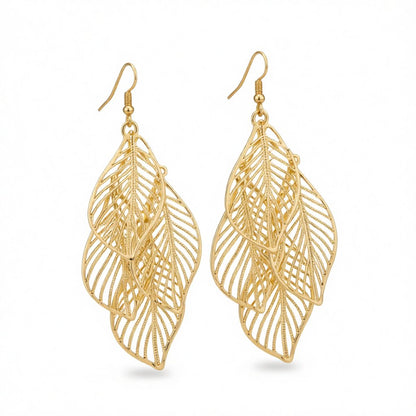 18K Gold-Plated Hollow Leaves Drop Earrings, gold drop earrings for women, botanical inspired, side view