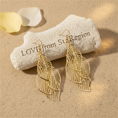 18K Gold-Plated Hollow Leaves Drop Earrings, gold drop earrings for women, botanical inspired, lifestyle look