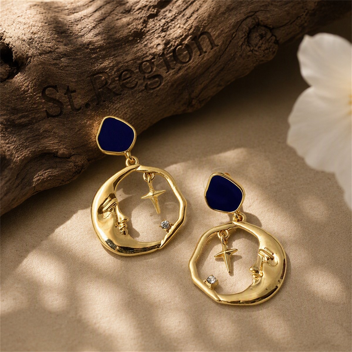 Cubic Zirconia and 18K Gold-Plated Crescent Moon and Cross Hoop Earrings, gold drop earrings for women, front view