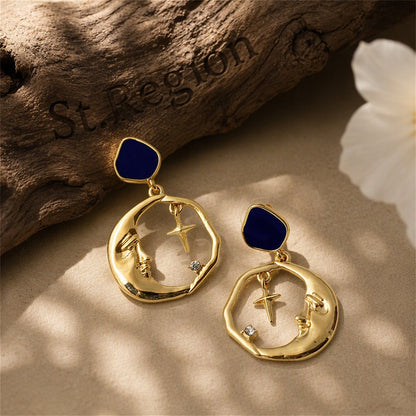 Cubic Zirconia and 18K Gold-Plated Crescent Moon and Cross Hoop Earrings, gold drop earrings for women, front view