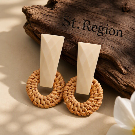 Pink and Rattan Open Circle Drop Earrings, drop earrings for women, elegant gift for her, front view