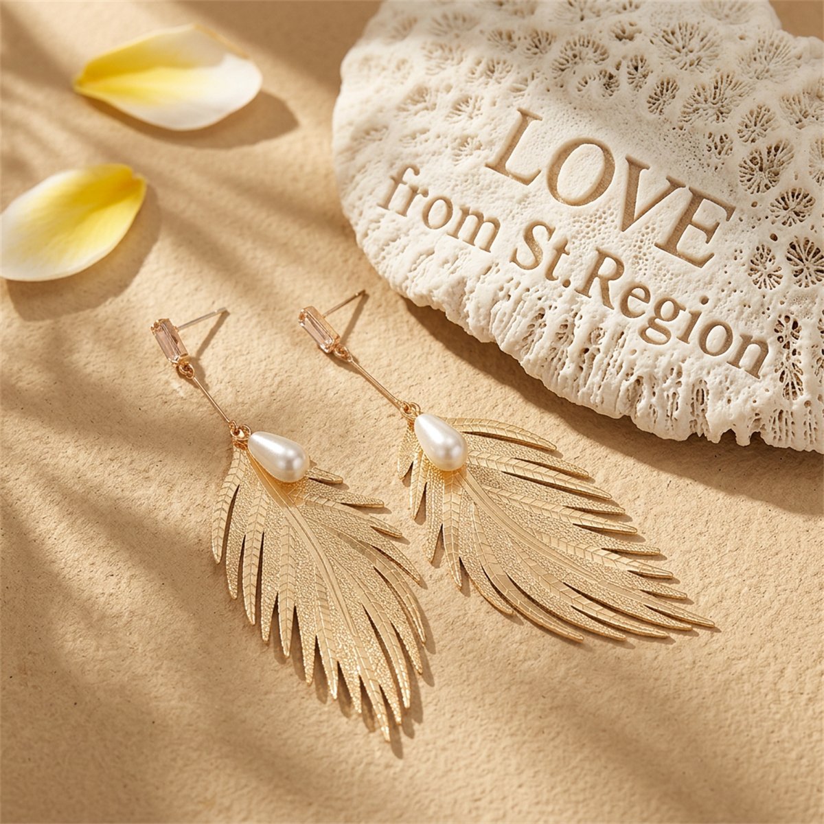 Pearl and Crystal 18K Gold-Plated Wing Drop Earrings, gold drop earrings for women, dainty minimalist design, lifestyle look