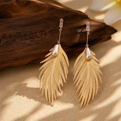 Pearl and Crystal 18K Gold-Plated Wing Drop Earrings, gold drop earrings for women, dainty minimalist design, front view