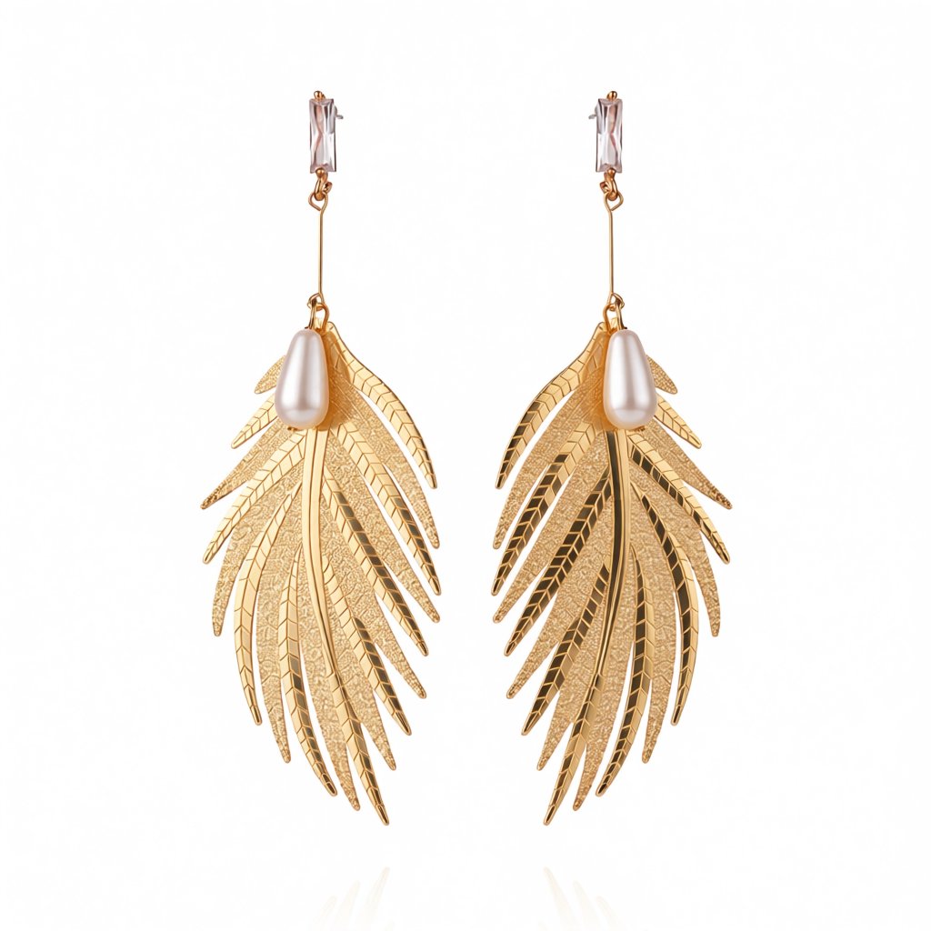 Pearl and Crystal 18K Gold-Plated Wing Drop Earrings, gold drop earrings for women, dainty minimalist design, side view