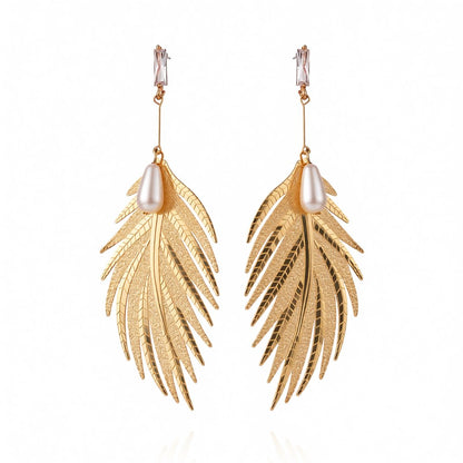 Pearl and Crystal 18K Gold-Plated Wing Drop Earrings, gold drop earrings for women, dainty minimalist design, side view