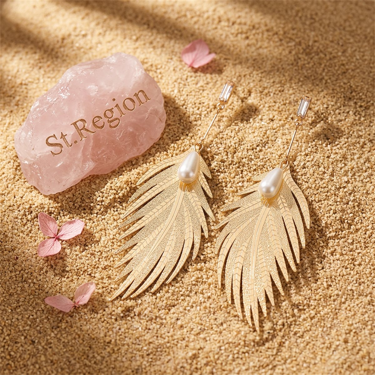 Pearl and Crystal 18K Gold-Plated Wing Drop Earrings, gold drop earrings for women, dainty minimalist design, detail close-up