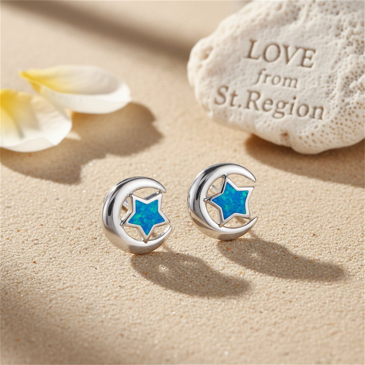 Blue Opal and Silver-Plated Crescent Moon Star Stud Earrings, silver stud earrings for women, everyday style, lifestyle look
