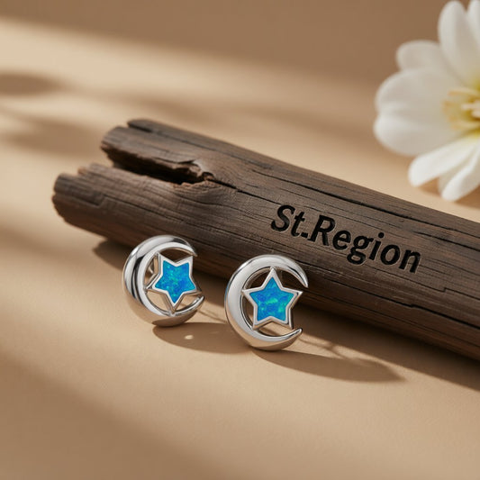 Blue Opal and Silver-Plated Crescent Moon Star Stud Earrings, silver stud earrings for women, everyday style, front view
