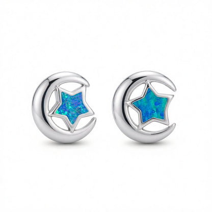Blue Opal and Silver-Plated Crescent Moon Star Stud Earrings, silver stud earrings for women, everyday style, side view
