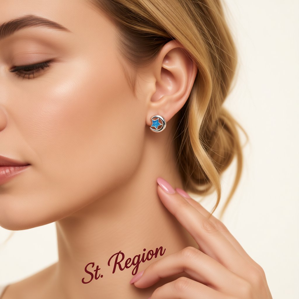 Blue Opal and Silver-Plated Crescent Moon Star Stud Earrings, silver stud earrings for women, everyday style, styled look
