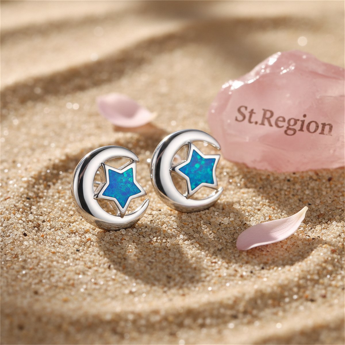 Blue Opal and Silver-Plated Crescent Moon Star Stud Earrings, silver stud earrings for women, everyday style, detail close-up