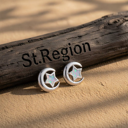 White Opal and Silver-Plated Star Moon Stud Earrings, cubic zirconia stud earrings for women, botanical inspired, front view