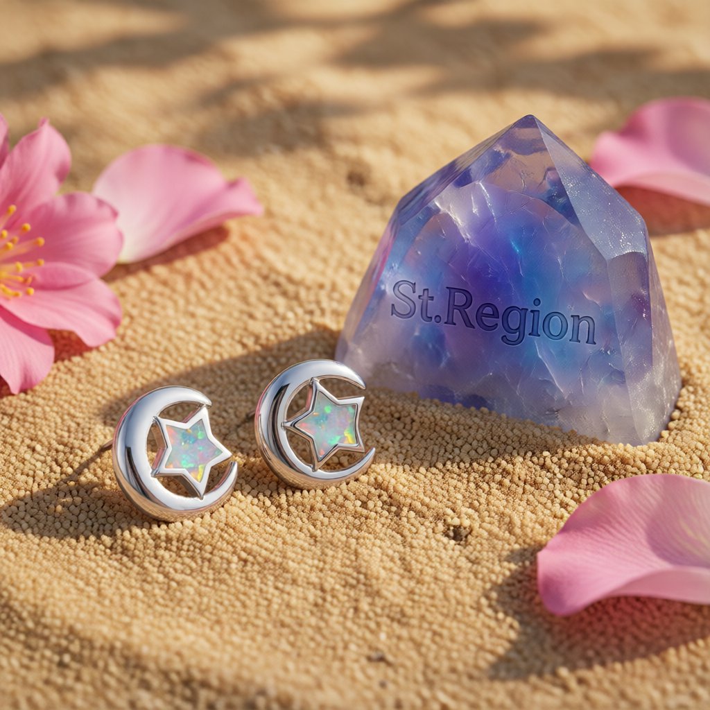 White Opal and Silver-Plated Star Moon Stud Earrings, cubic zirconia stud earrings for women, detail close-up