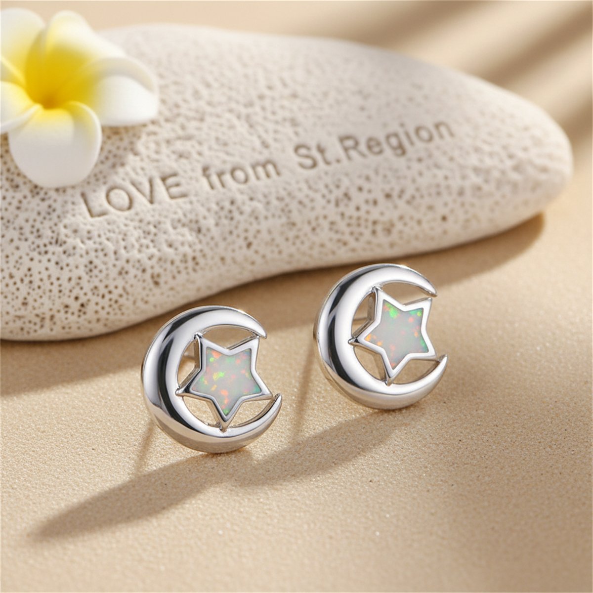 White Opal and Silver-Plated Star Moon Stud Earrings, cubic zirconia stud earrings for women, lifestyle look