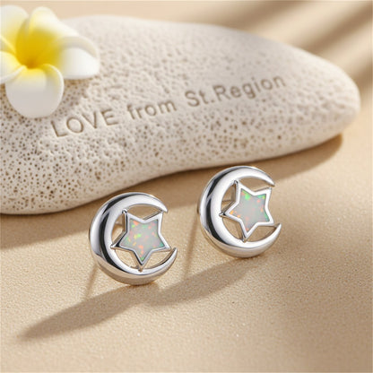 White Opal and Silver-Plated Star Moon Stud Earrings, cubic zirconia stud earrings for women, lifestyle look