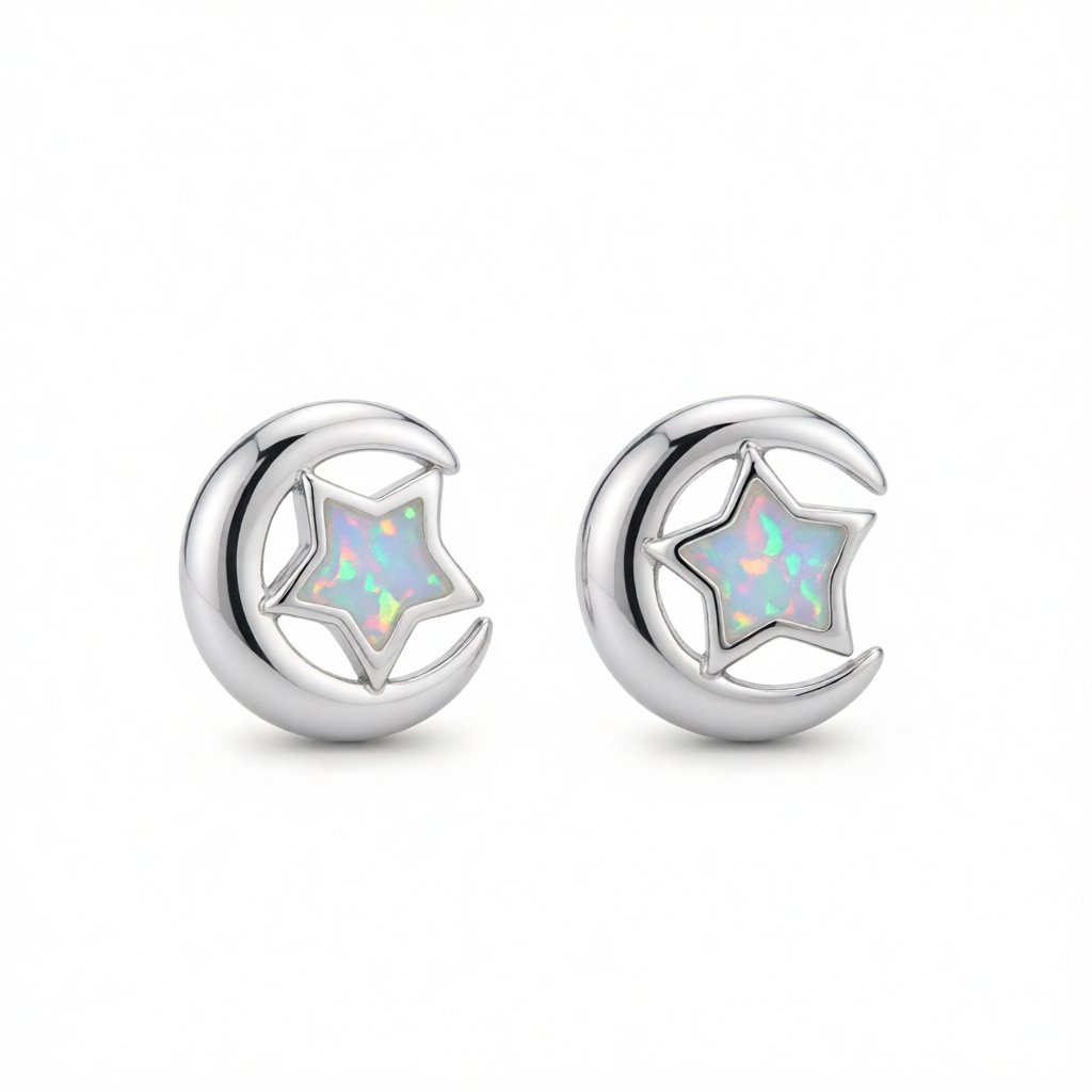 White Opal and Silver-Plated Star Moon Stud Earrings, cubic zirconia stud earrings for women, botanical inspired, side view