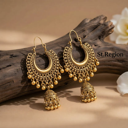 18K Gold-Plated Bell Tassel Drop Earrings, gold huggie earrings, dainty minimalist design, front view