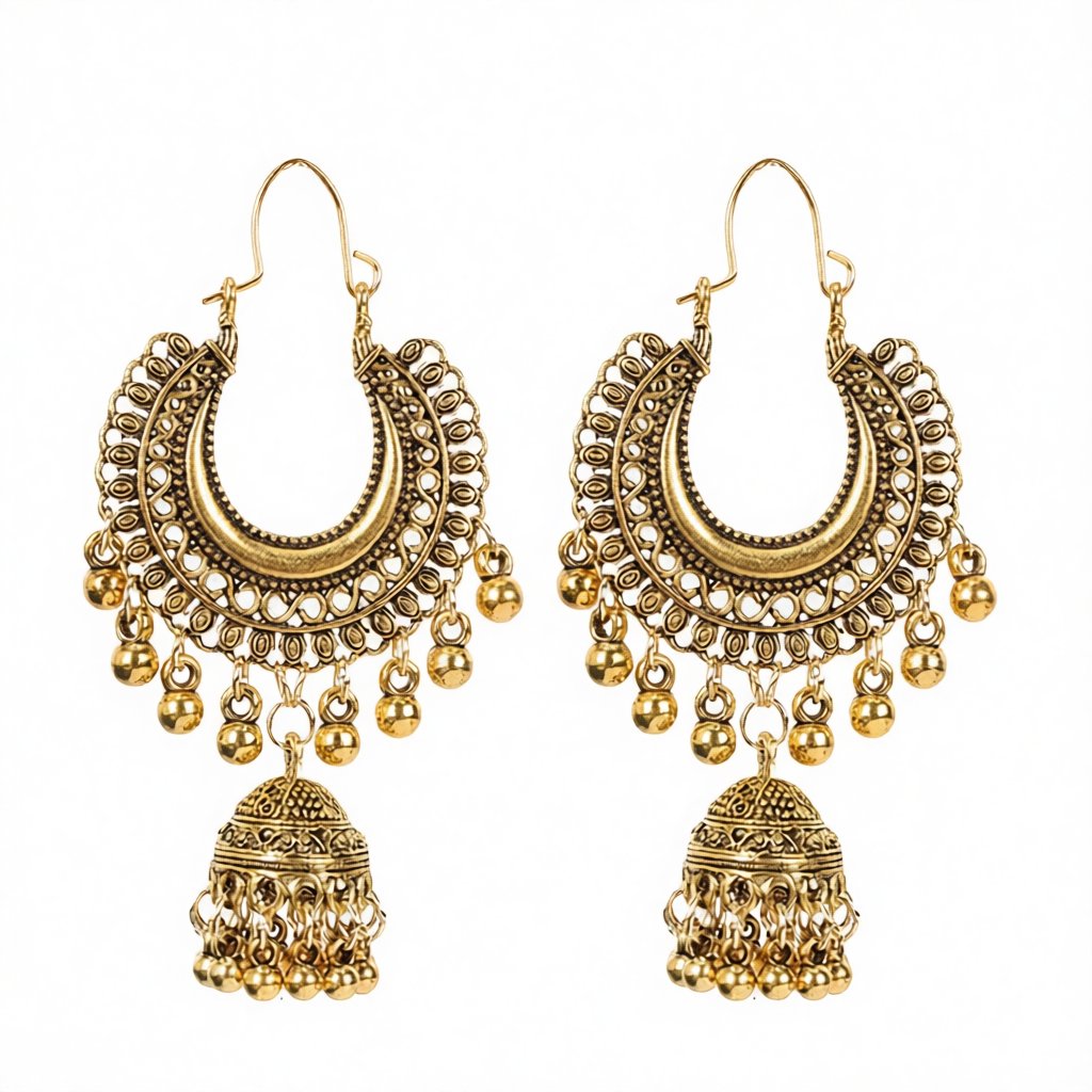 18K Gold-Plated Bell Tassel Drop Earrings, gold huggie earrings, dainty minimalist design, side view