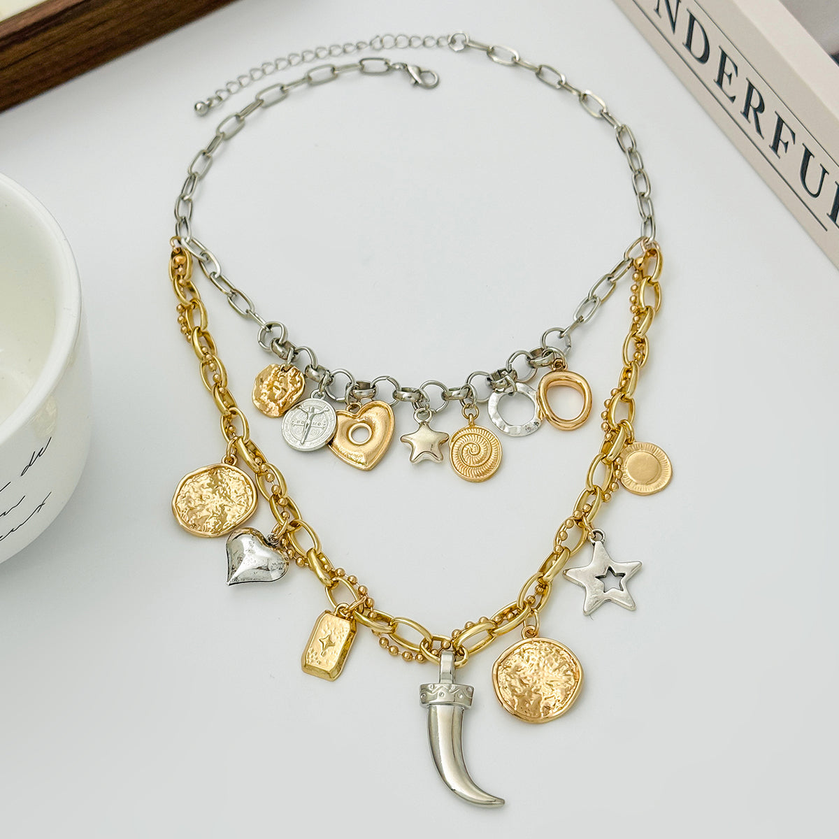 Two Tone Heart Celestial Pendant Layered Necklace, everyday style, detail close-up