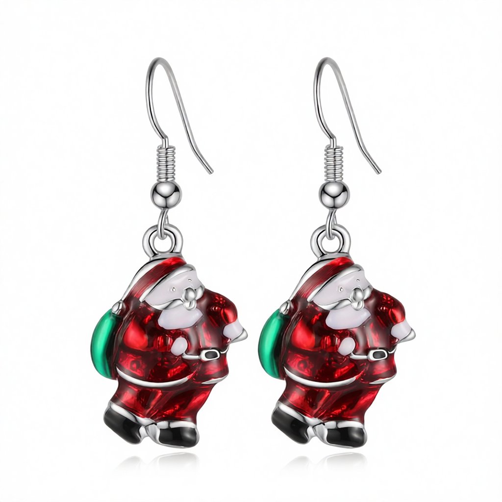 Silver-Plated Santa Claus Drop Earrings, silver drop earrings for women, dainty minimalist design, side view