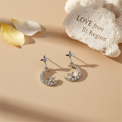 Cubic Zirconia and Silver-Plated Moon and Star Drop Earrings, silver drop earrings for women, everyday style, lifestyle look