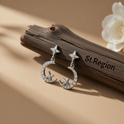 Cubic Zirconia and Silver-Plated Moon and Star Drop Earrings, silver drop earrings for women, everyday style, front view