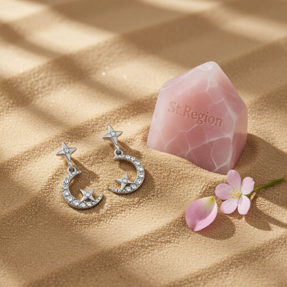 Cubic Zirconia and Silver-Plated Moon and Star Drop Earrings, silver drop earrings for women, everyday style, detail close-up