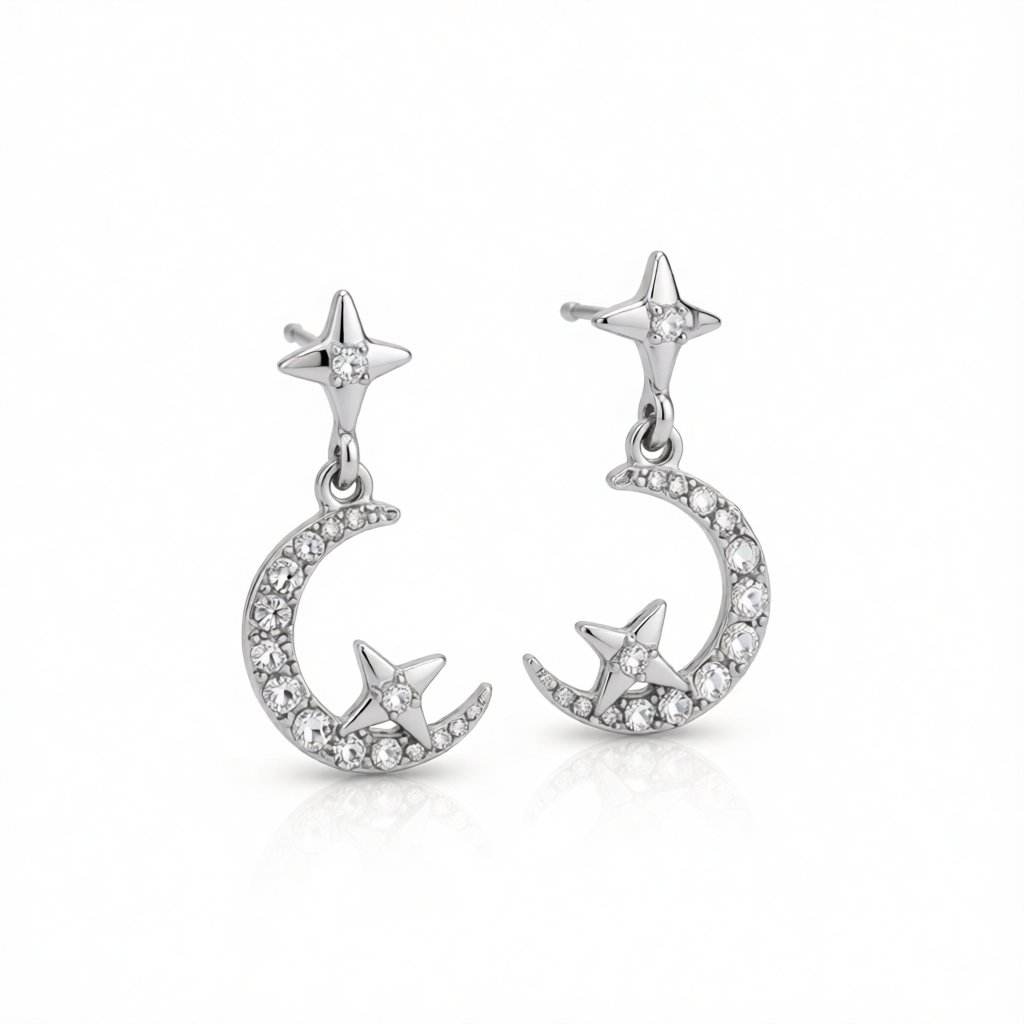Cubic Zirconia and Silver-Plated Moon and Star Drop Earrings, silver drop earrings for women, everyday style, side view