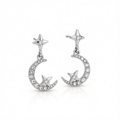 Cubic Zirconia and Silver-Plated Moon and Star Drop Earrings, silver drop earrings for women, everyday style, side view