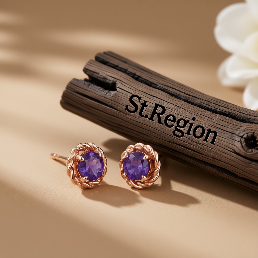 Purple Crystal and 18K Rose Gold-Plated Twist Stud Earrings, cubic zirconia stud earrings for women, front view